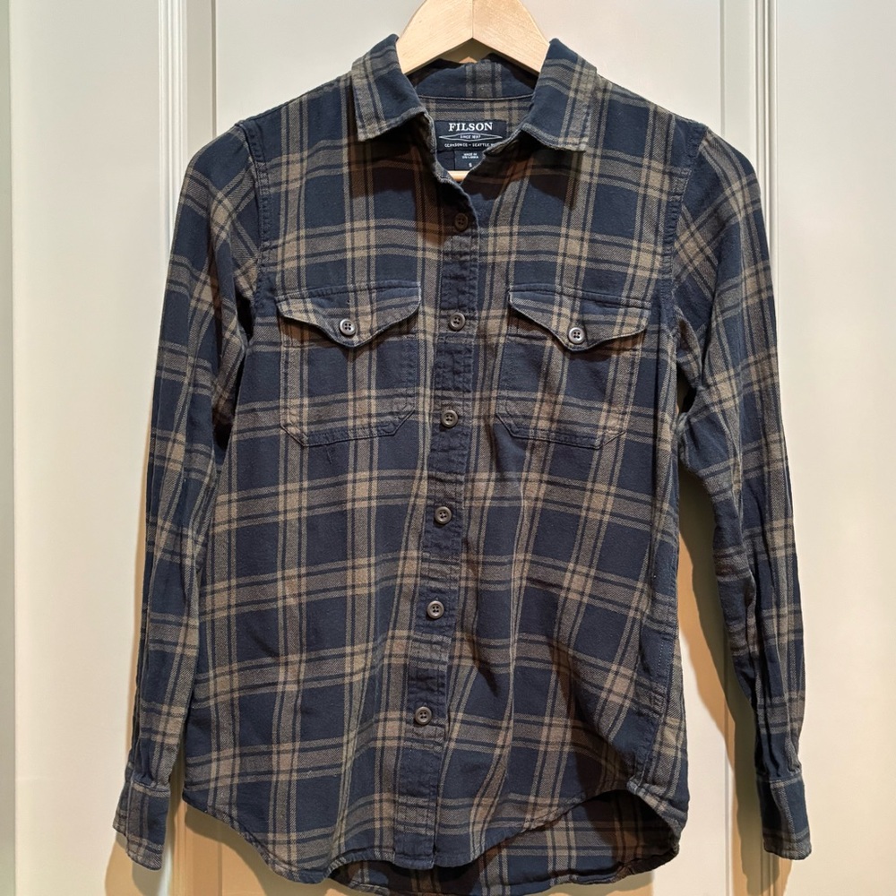 Filson Flannel Button Down Shirt Small Black Olive Plaid Fall Winter Cabincore